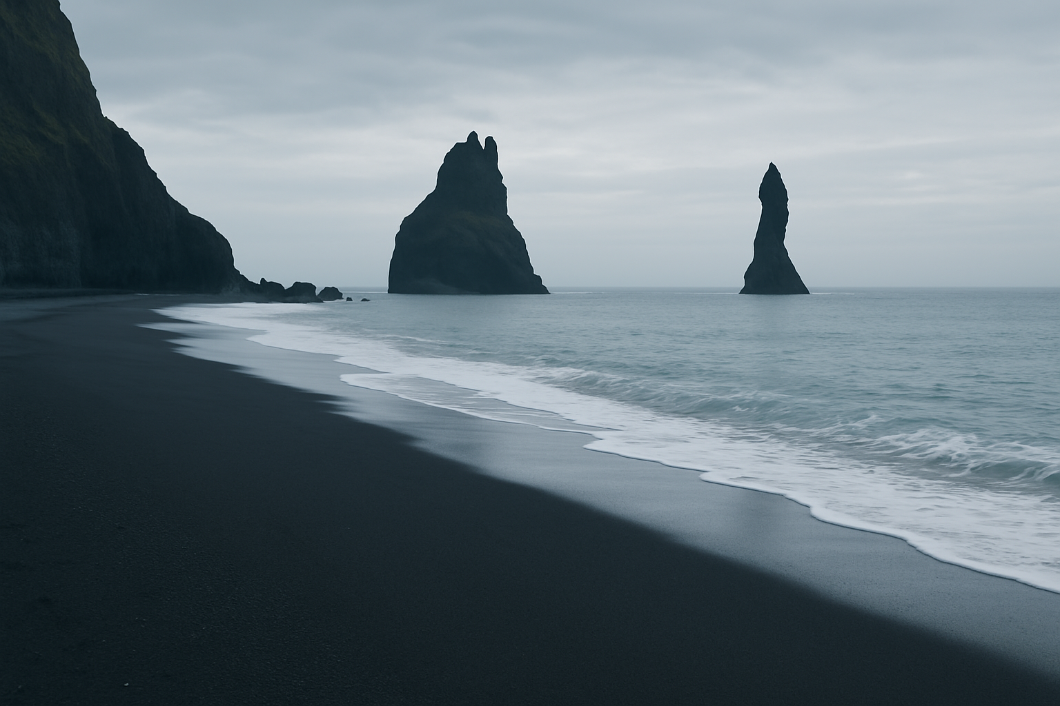 Black sand beach and basalt sea stacks in South Iceland under soft overcast light