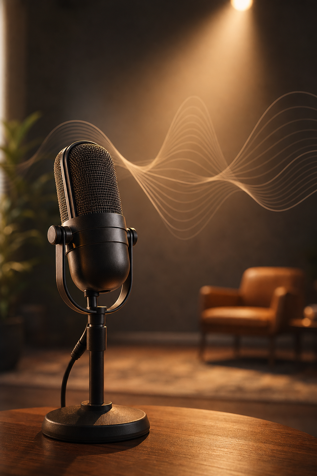 Editorial microphone and warm speaking-stage atmosphere with soft spotlight and abstract voice wave accents