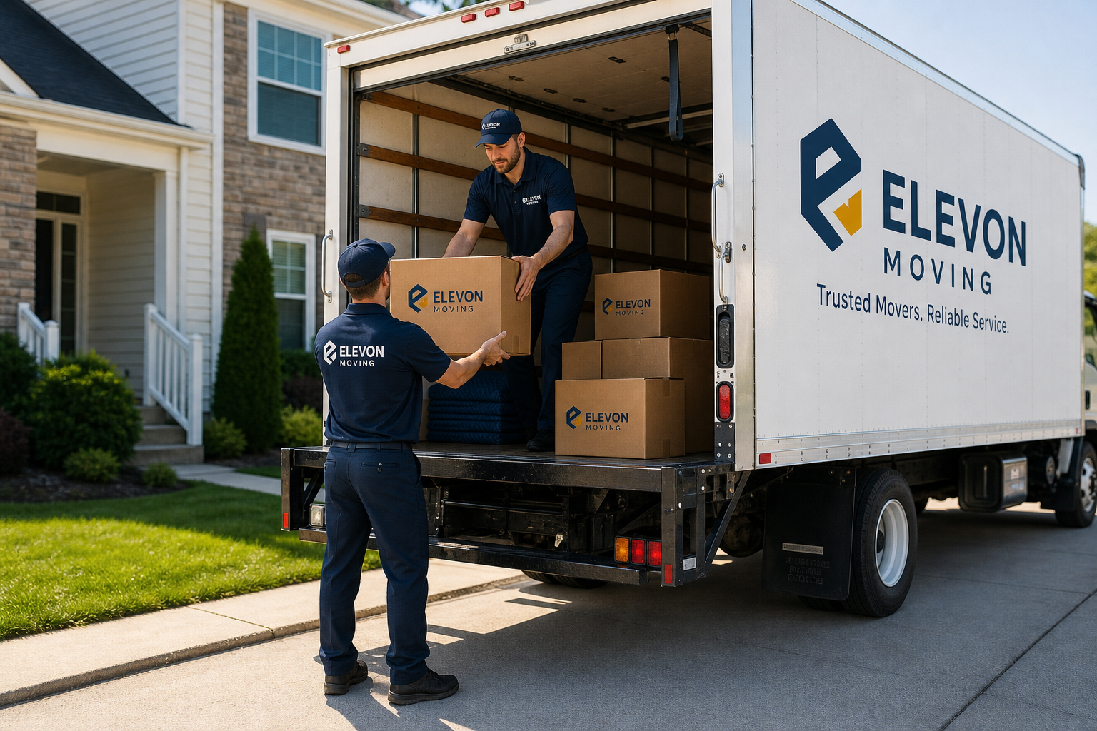 Two professional movers in branded uniforms loading sealed moving boxes into a clean box truck on a suburban driveway
