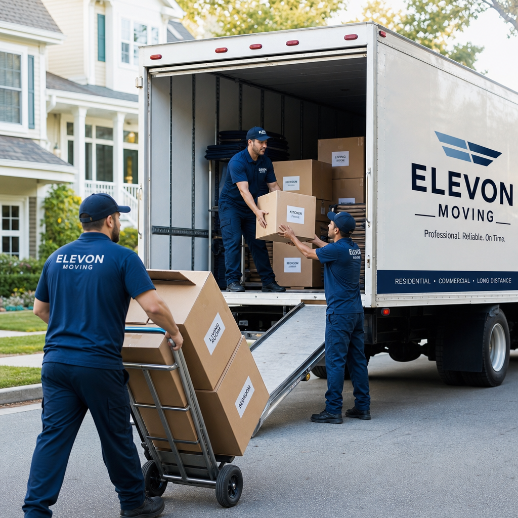 Professional moving team loading labeled boxes into a clean moving truck in a quiet suburban neighborhood