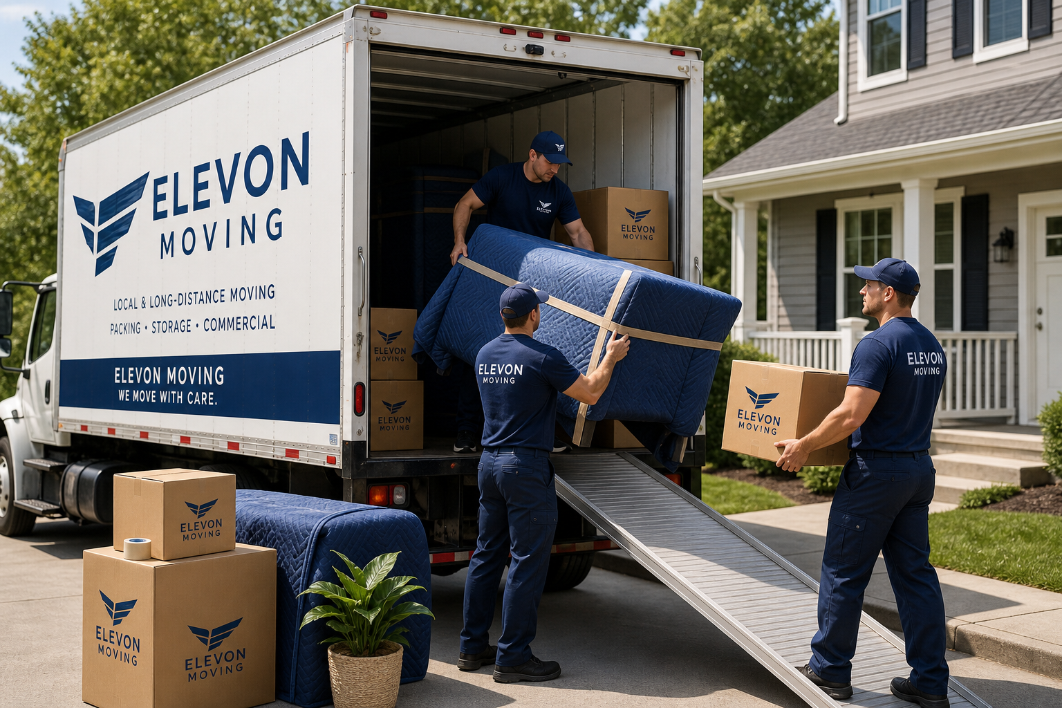 Professional movers in navy uniforms loading padded furniture into a white moving truck at a suburban home