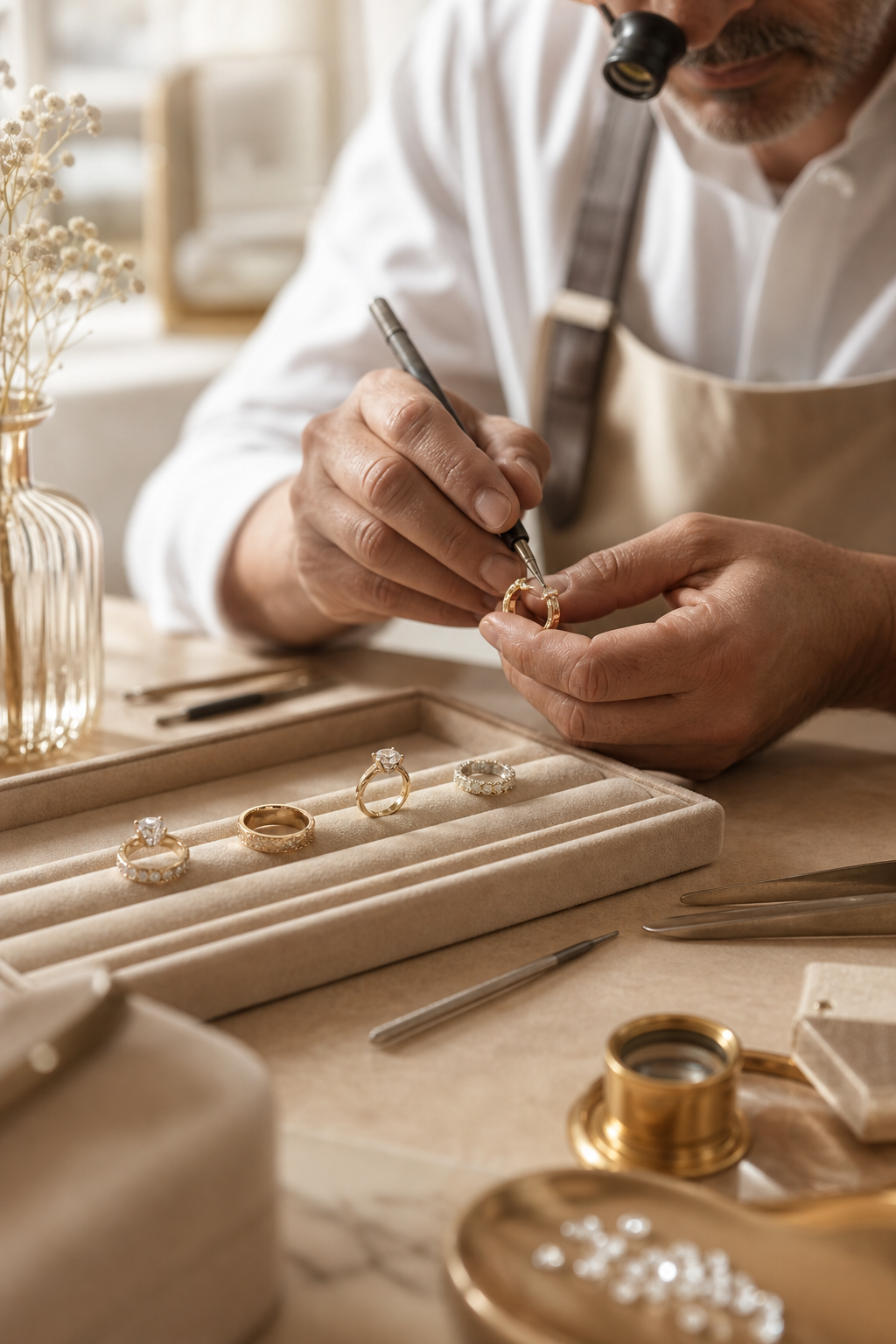 Elegant jewelry atelier with a master jeweler working under warm light, displaying gold rings and diamond tools on a beige velvet tray