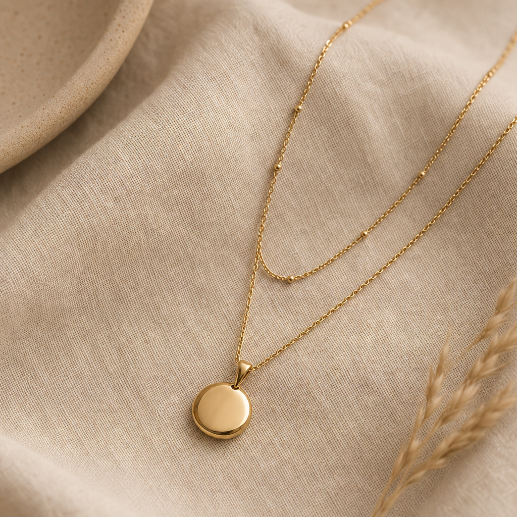 Minimalist gold pendant necklace layered with a delicate chain on warm beige linen