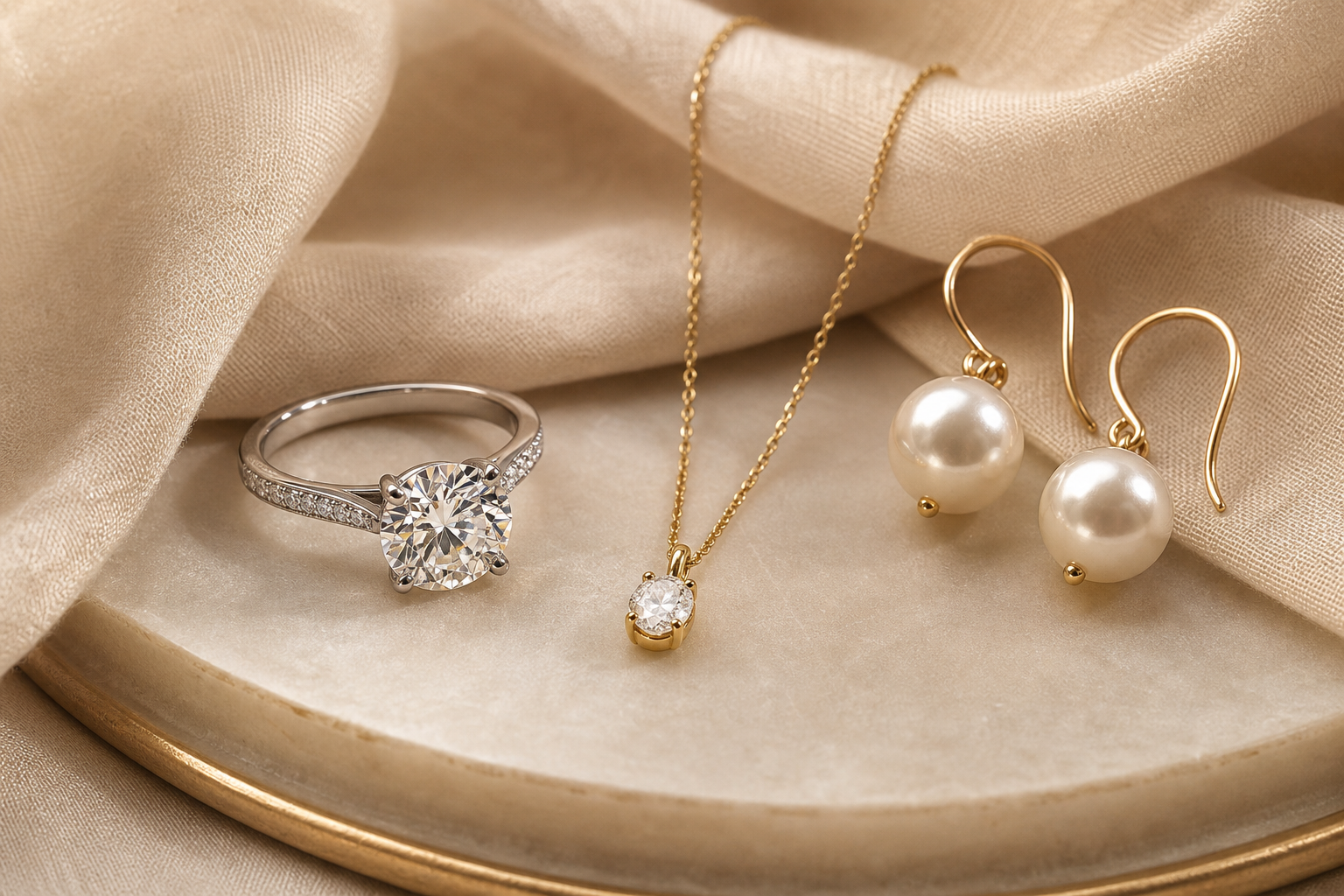Elegant composition of fine jewelry featuring a diamond engagement ring, a gold pendant necklace, and pearl drop earrings arranged on soft beige fabric