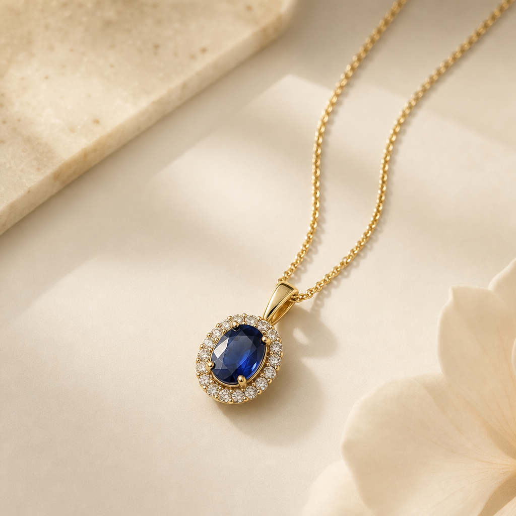 Gold pendant necklace with an oval sapphire surrounded by a halo of diamonds