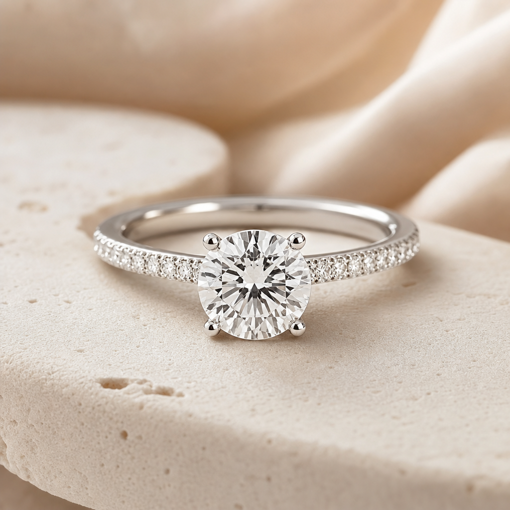 Close-up of a platinum solitaire ring with a round brilliant diamond and delicate pave9 band