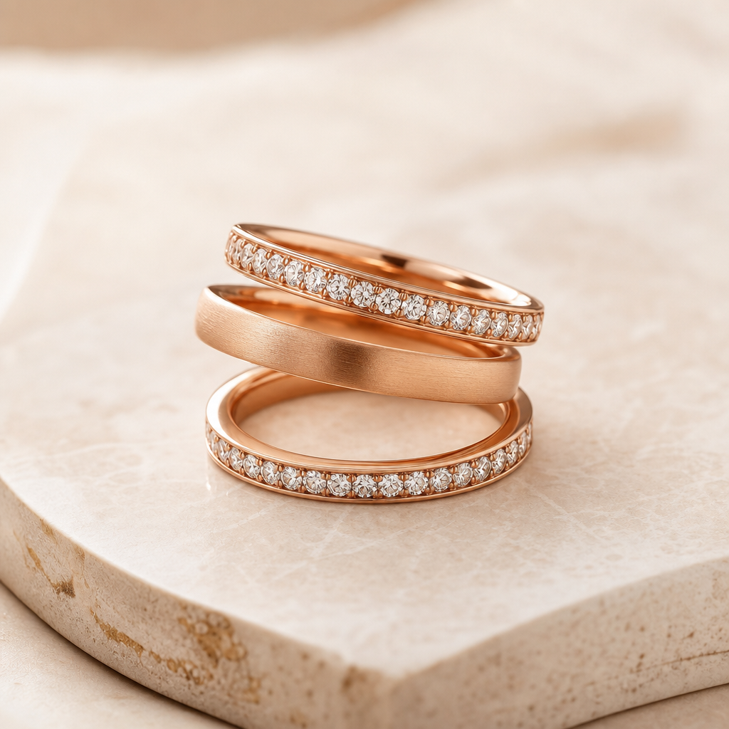 Stack of three slim rose-gold rings with alternating diamond and brushed finishes