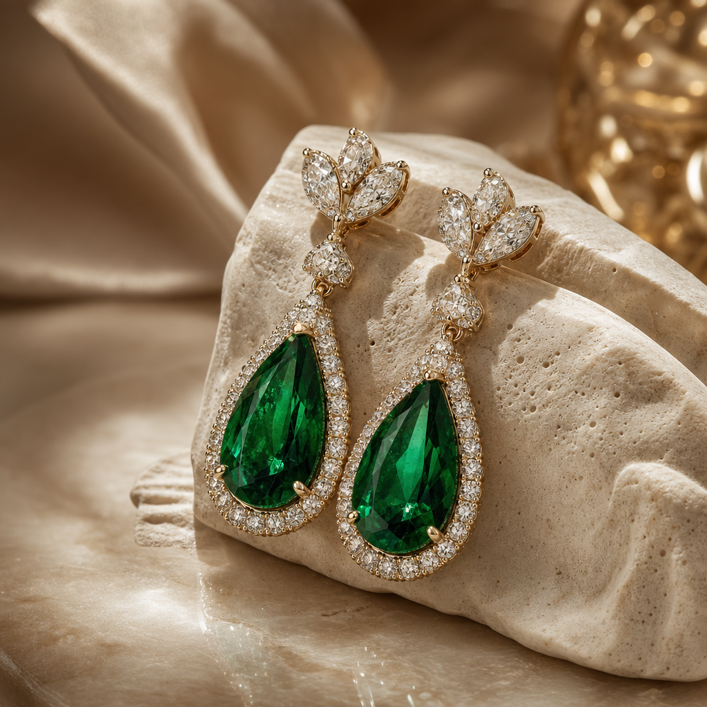 Bold emerald and diamond earrings on a sculptural stone surface with soft golden light