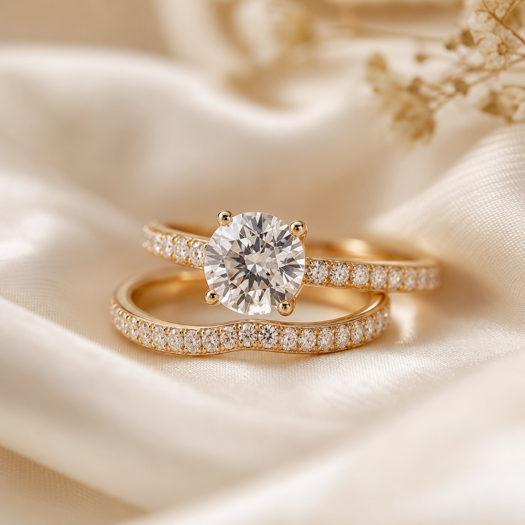Elegant bridal ring set with a round-cut diamond and pavé band on a soft ivory silk background