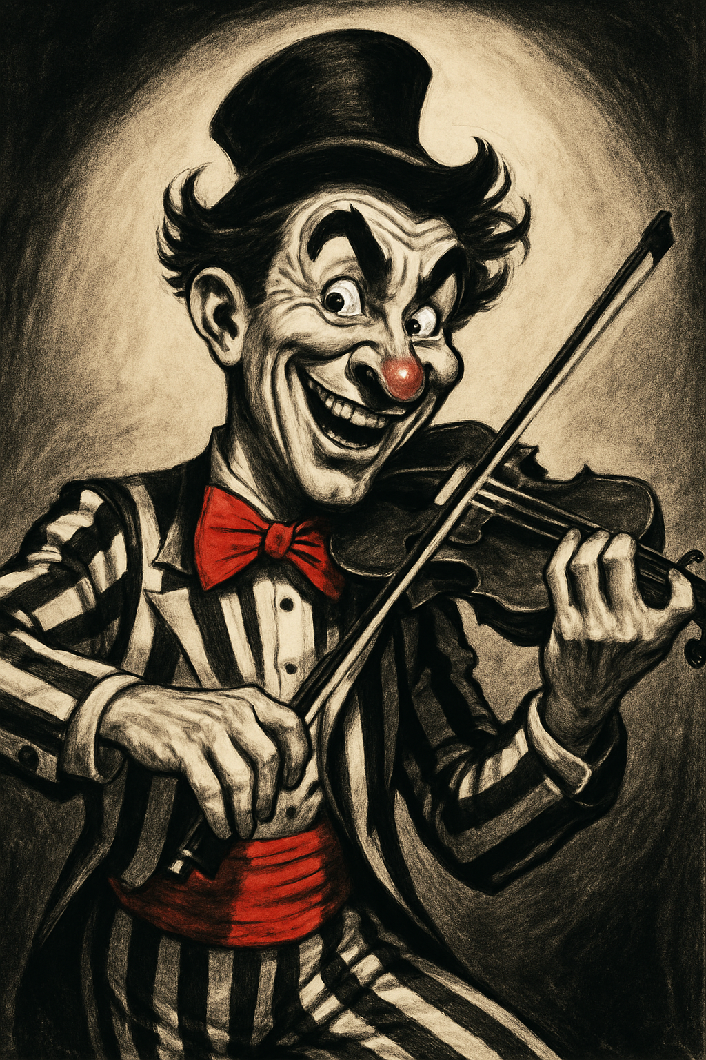 Забавна фото-карикатура на цигулар с цирков костюм и ярък червен детайл