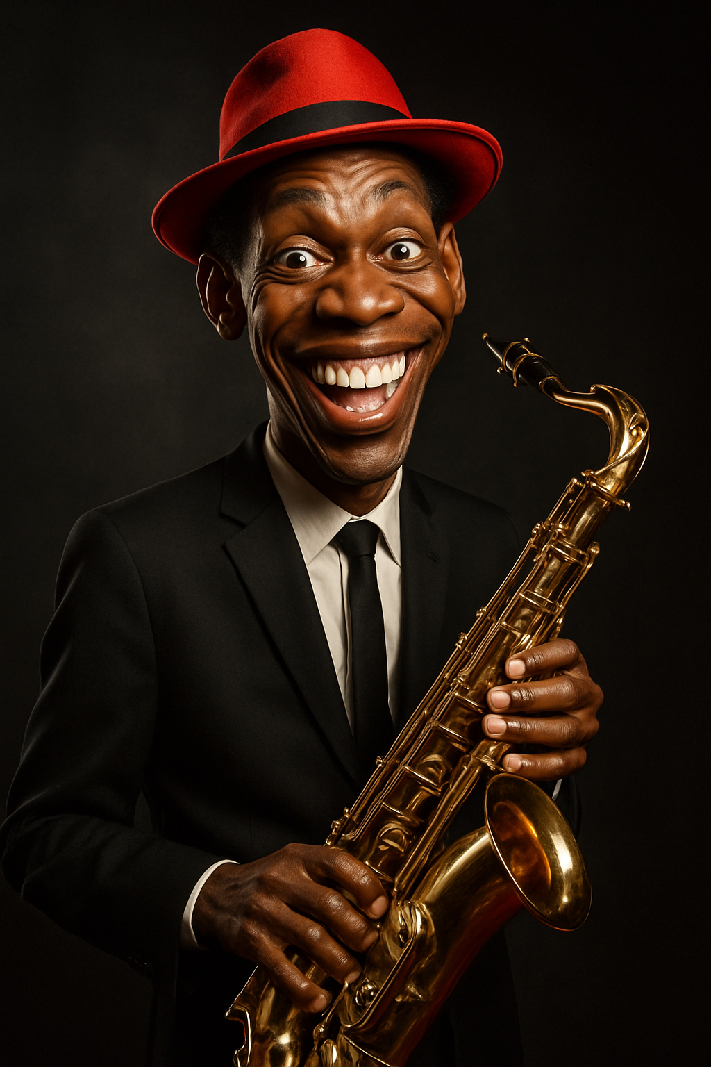 Забавна фото-карикатура на джаз музикант със саксофон и червена шапка