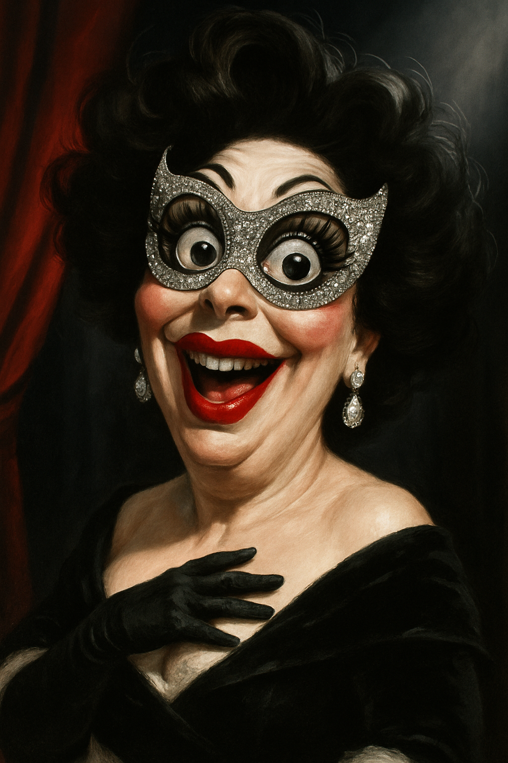 Забавна фото-карикатура на театрална дива с маска и блясък