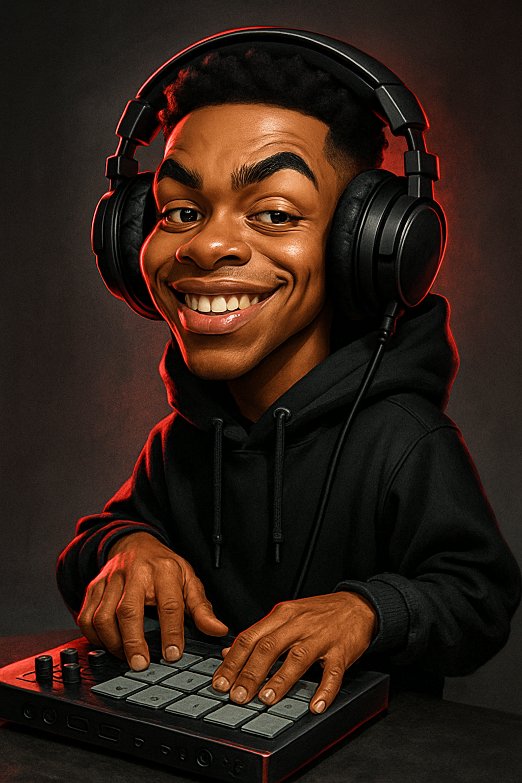 Забавна фото-карикатура на бийтмейкър с огромни слушалки и неонов акцент