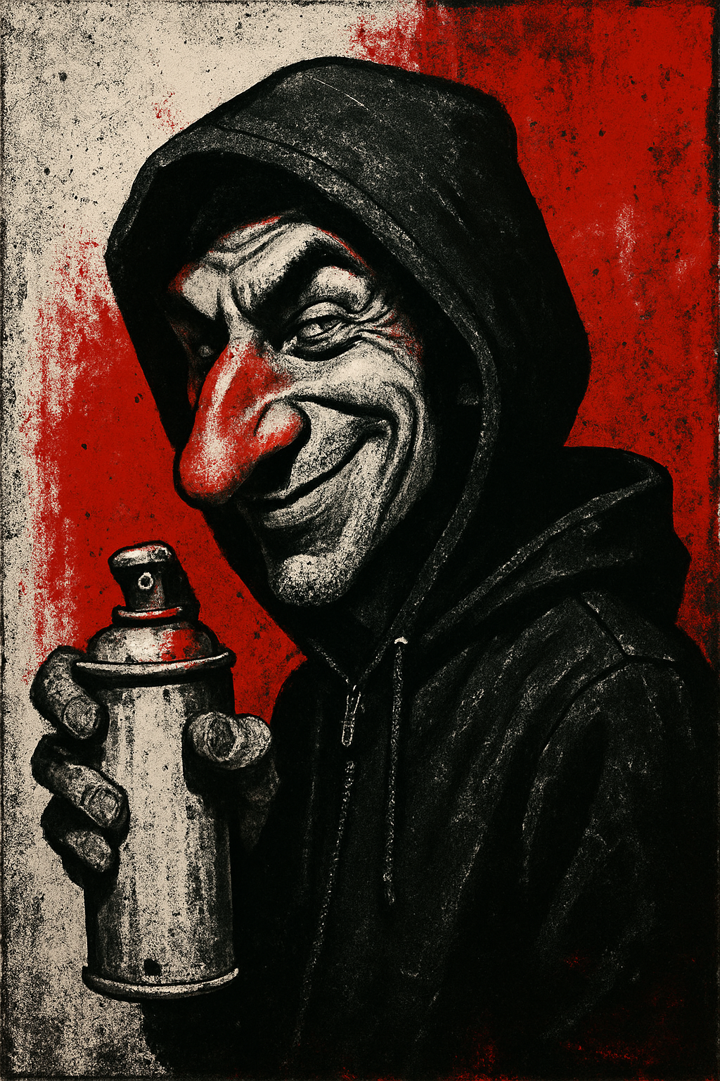 Забавна фото-карикатура на уличен художник с спрей и качулка