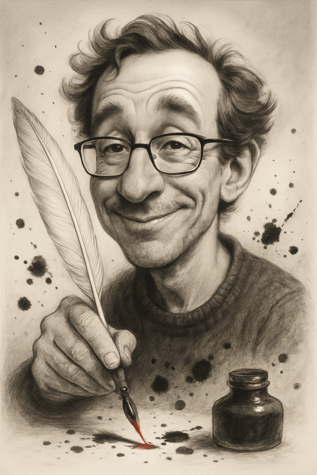 Забавна фото-карикатура на писателка с перо и мастилени пръски