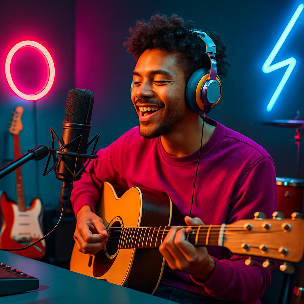 Музикант записва в цветно, енергично студио