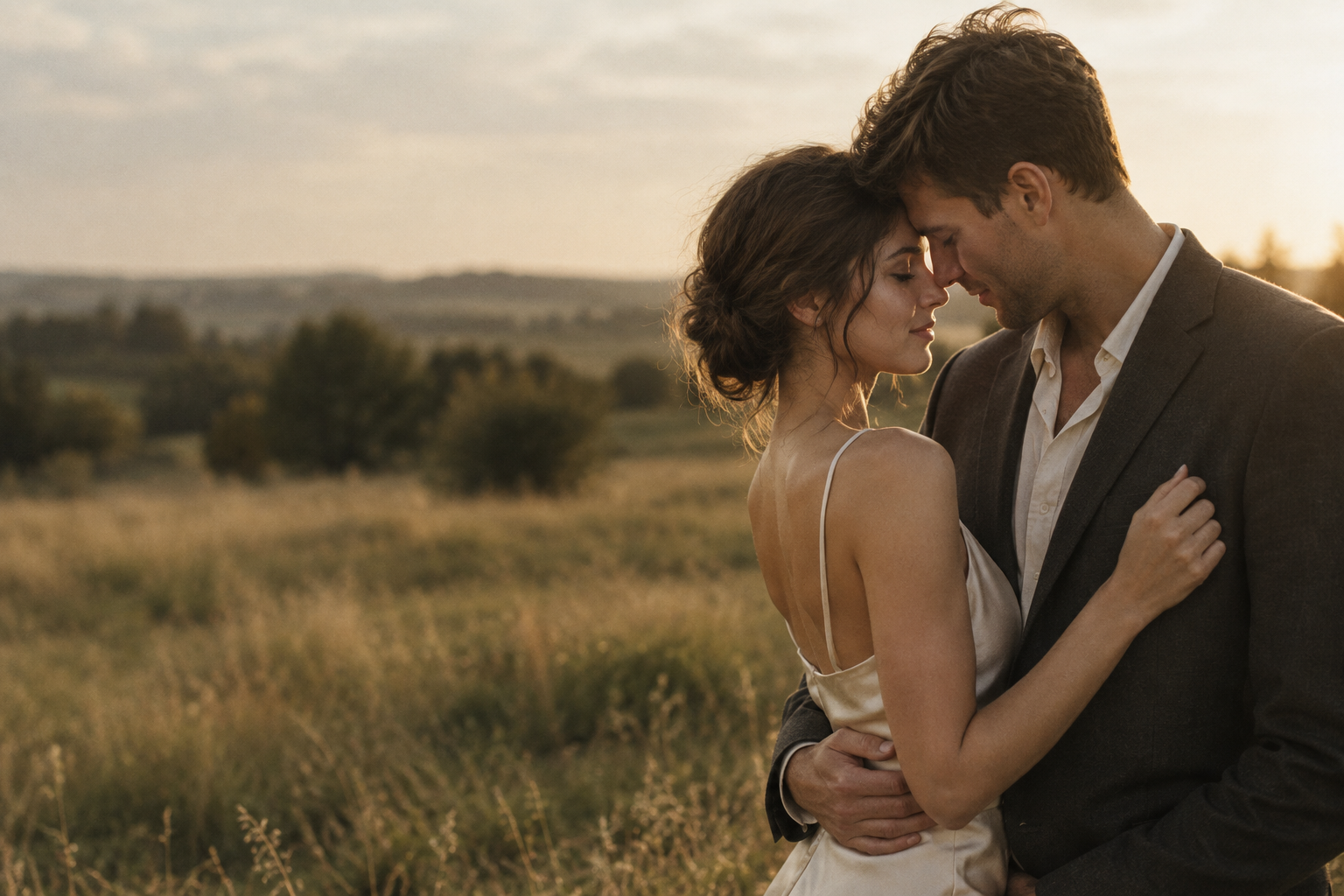 An elegant couple sharing a quiet embrace in warm natural light, with soft countryside scenery behind them.