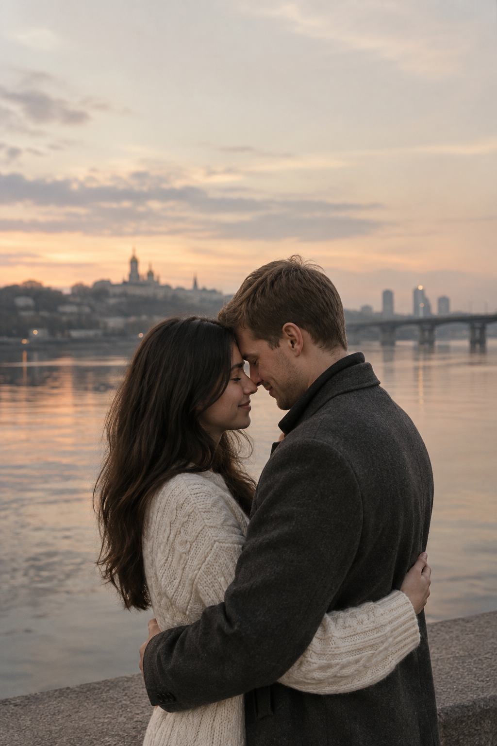 Couple in a cream knit sweater and charcoal coat embracing beside the river at dusk