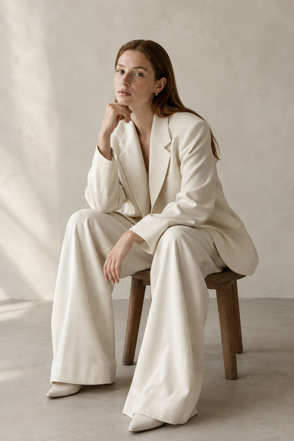 Freckled model with auburn hair wearing an oversized ivory suit in a softly lit studio