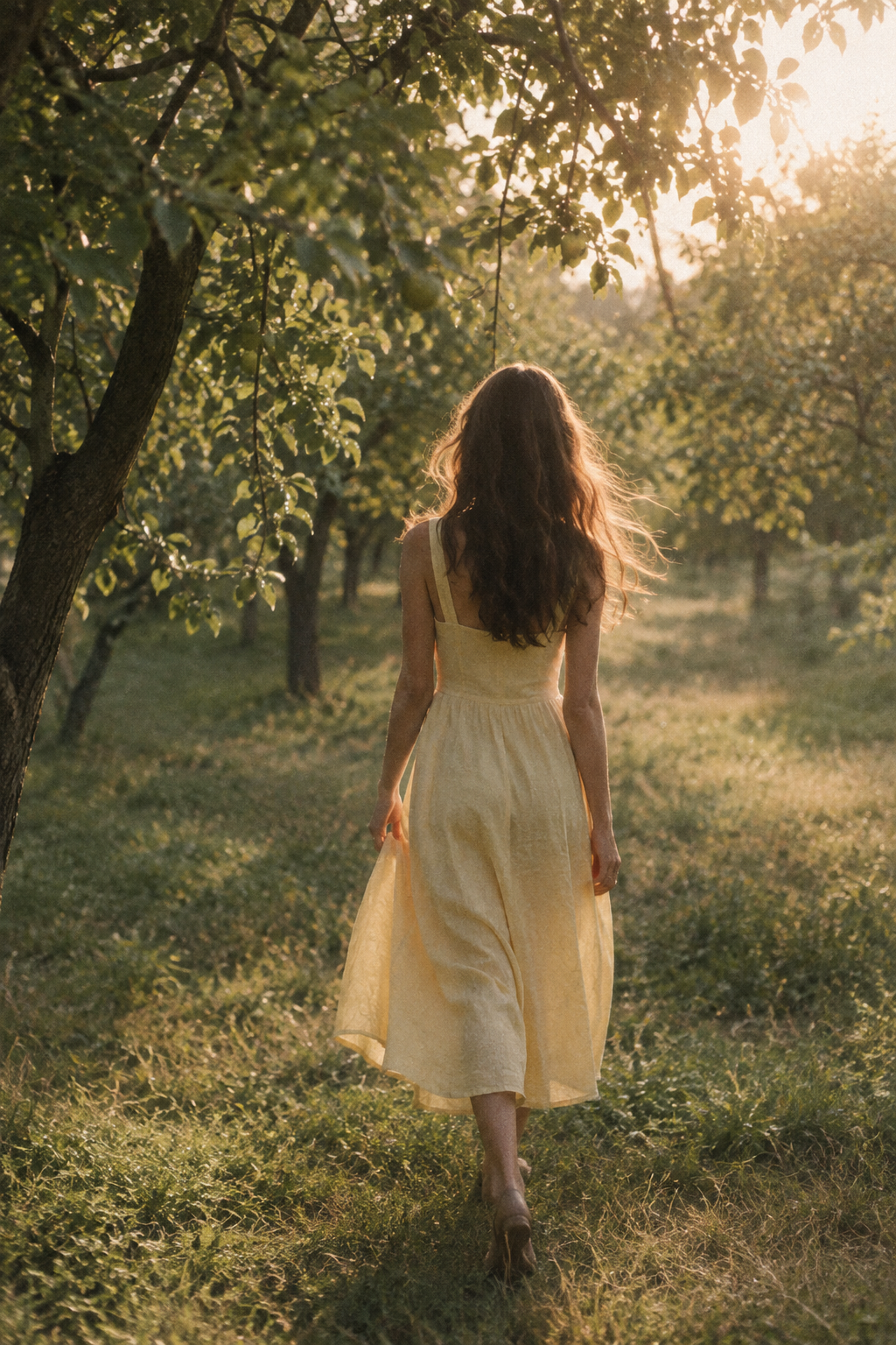 Woman in a pale yellow linen dress walking through a sunlit orchard, softly rendered on film