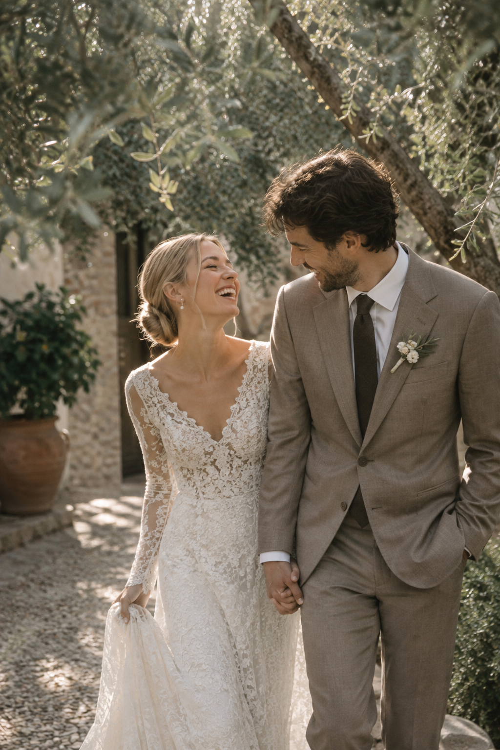 Newlyweds laughing beneath olive trees, bride in a lace gown and groom in a taupe suit