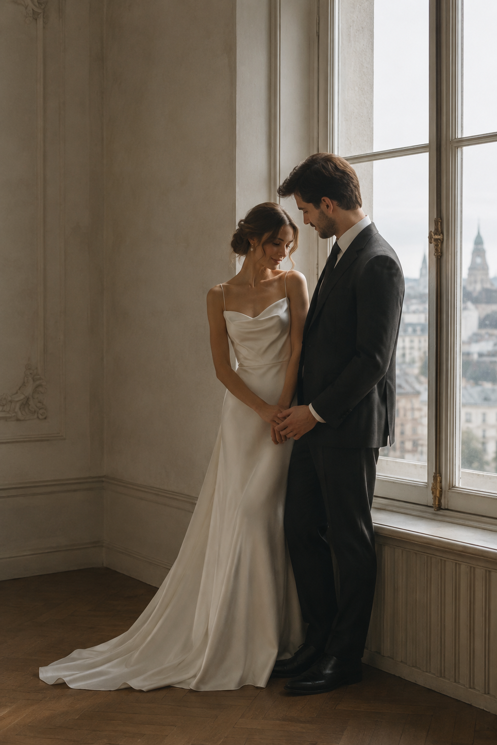 Bride in an ivory silk dress beside a tall window, her partner gently holding her hand