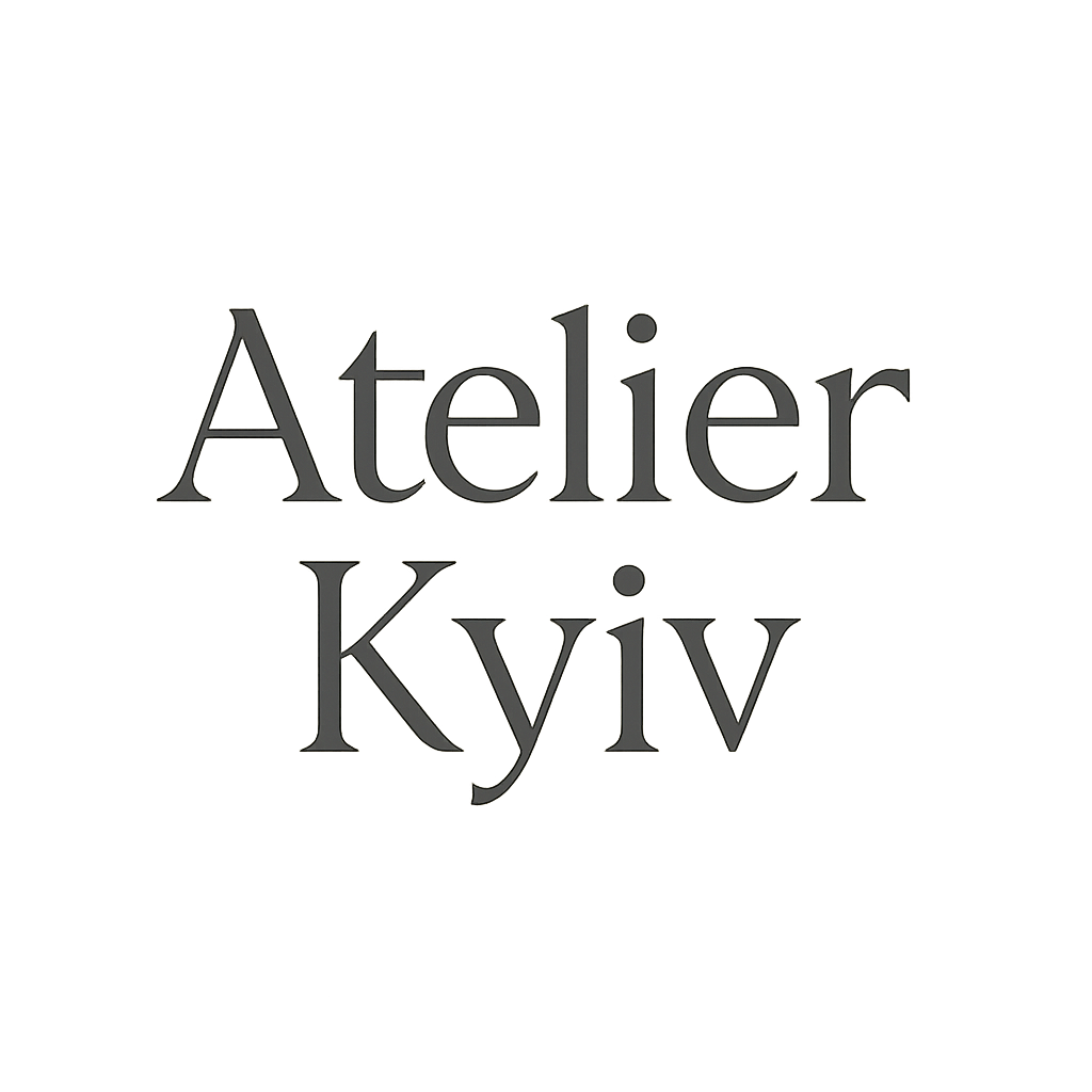 Atelier Kyiv minimalist serif wordmark logo in monochrome charcoal
