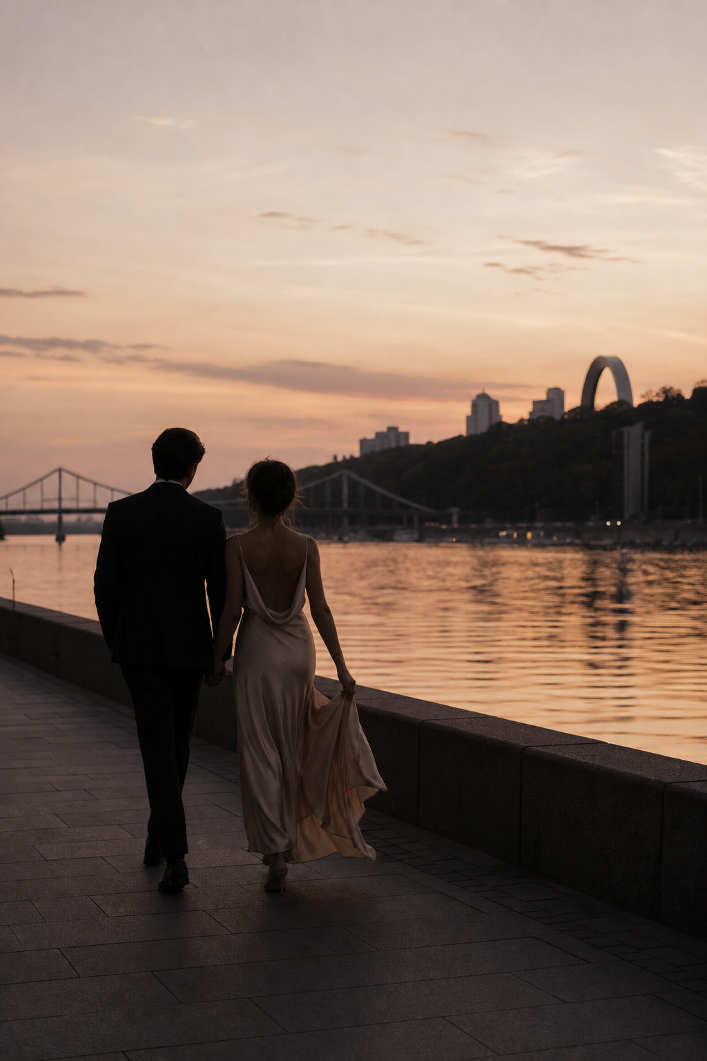 Couple walking by the Kyiv riverwalk at dusk, elegant silhouettes