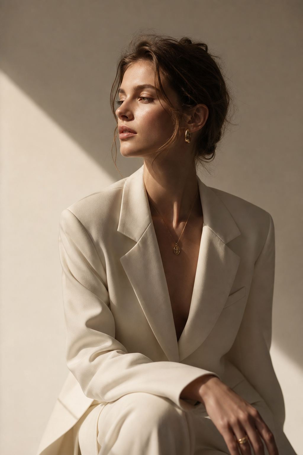 Editorial portrait in a Kyiv studio with sculptural light and muted styling
