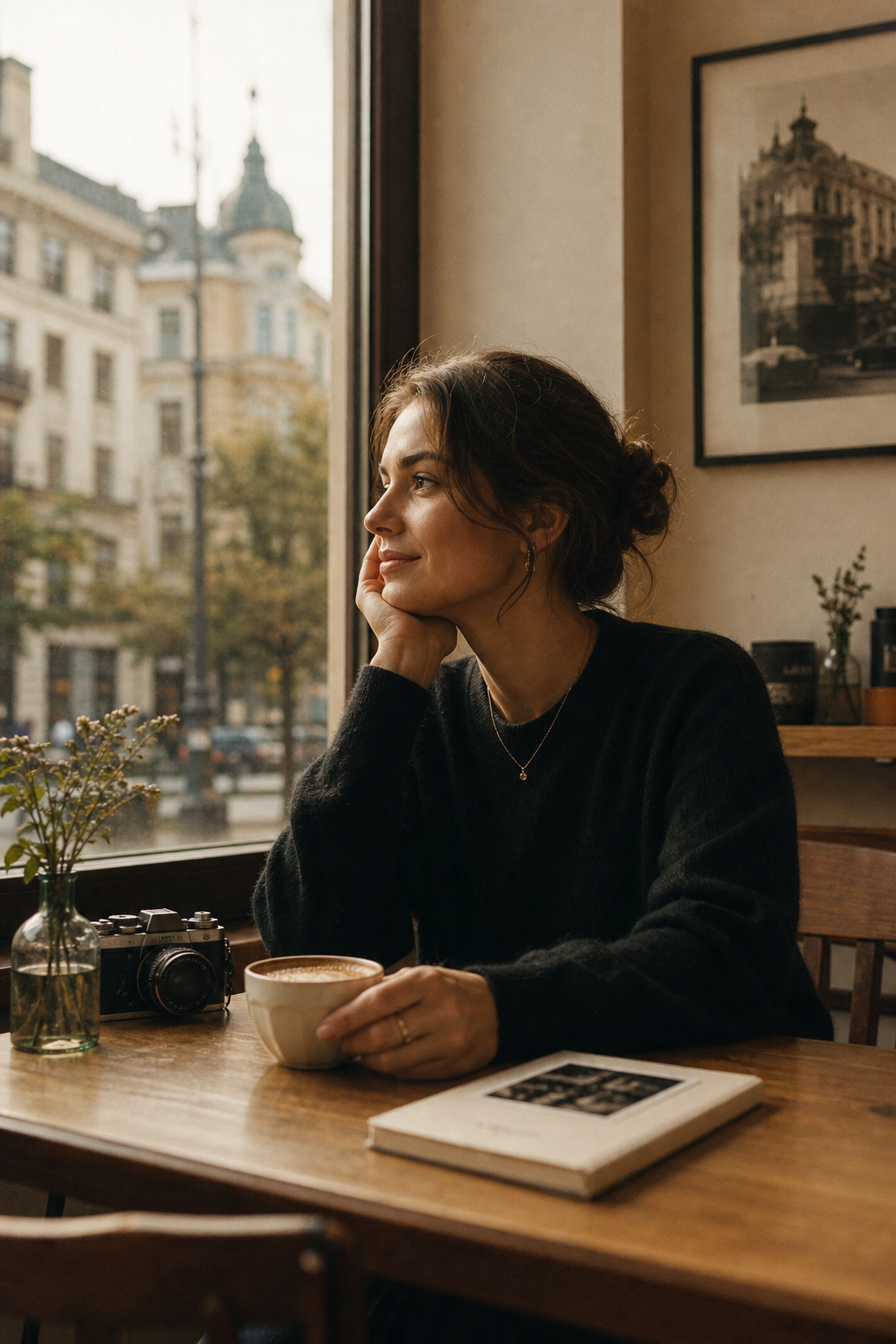 Film-inspired scene in a Kyiv café with grainy warm tones