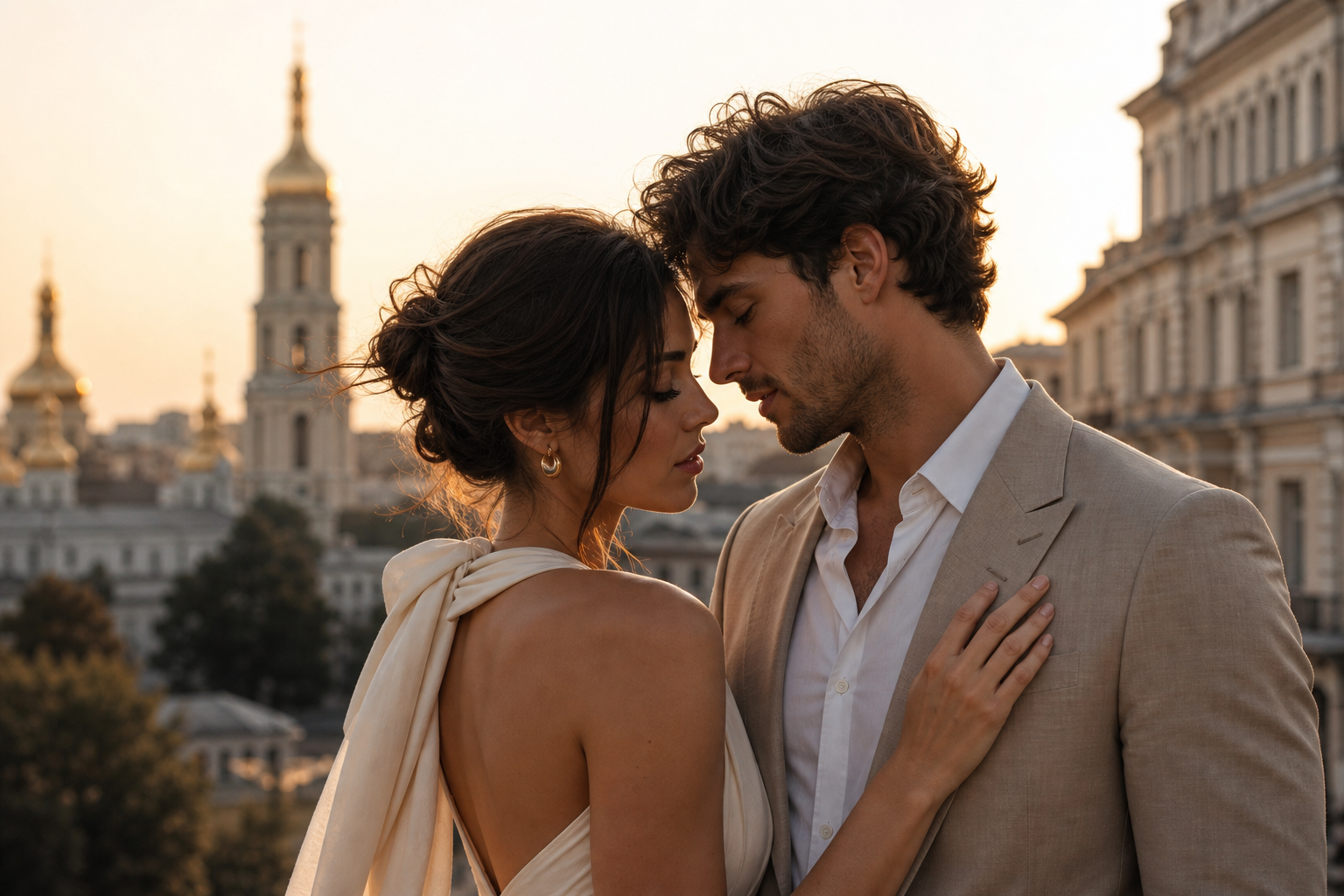 Warm-toned cinematic portrait of a couple in Kyiv, softly lit with elegant editorial styling