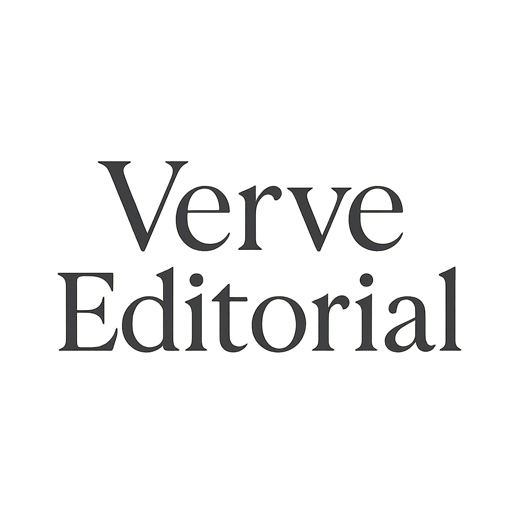 Verve Editorial elegant wordmark logo with small line accents in monochrome charcoal
