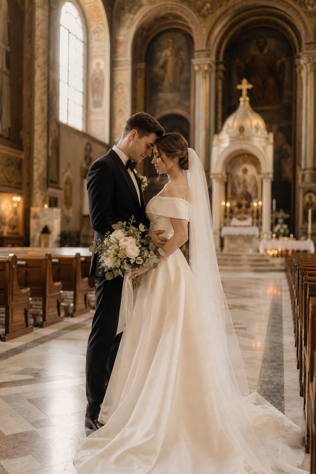 Bride and groom in a Kyiv historic aisle, soft warm light