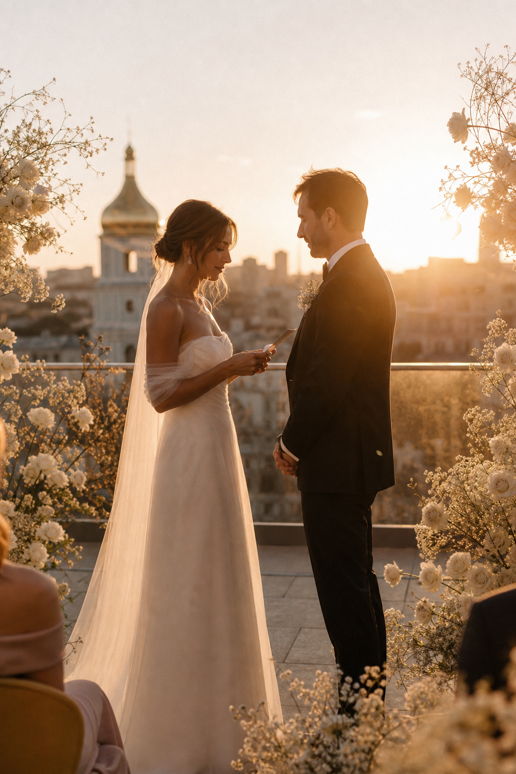 Wedding vows on a Kyiv terrace with soft golden hour light