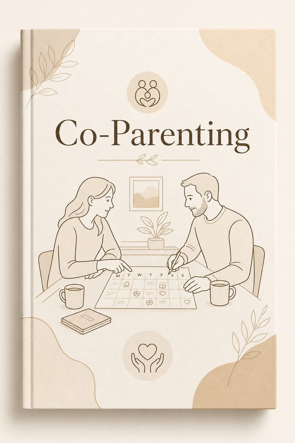 Ebook cover for Co-Parenting with warm cream background, clean line-art of two parents coordinating on a planner, and modern premium typography