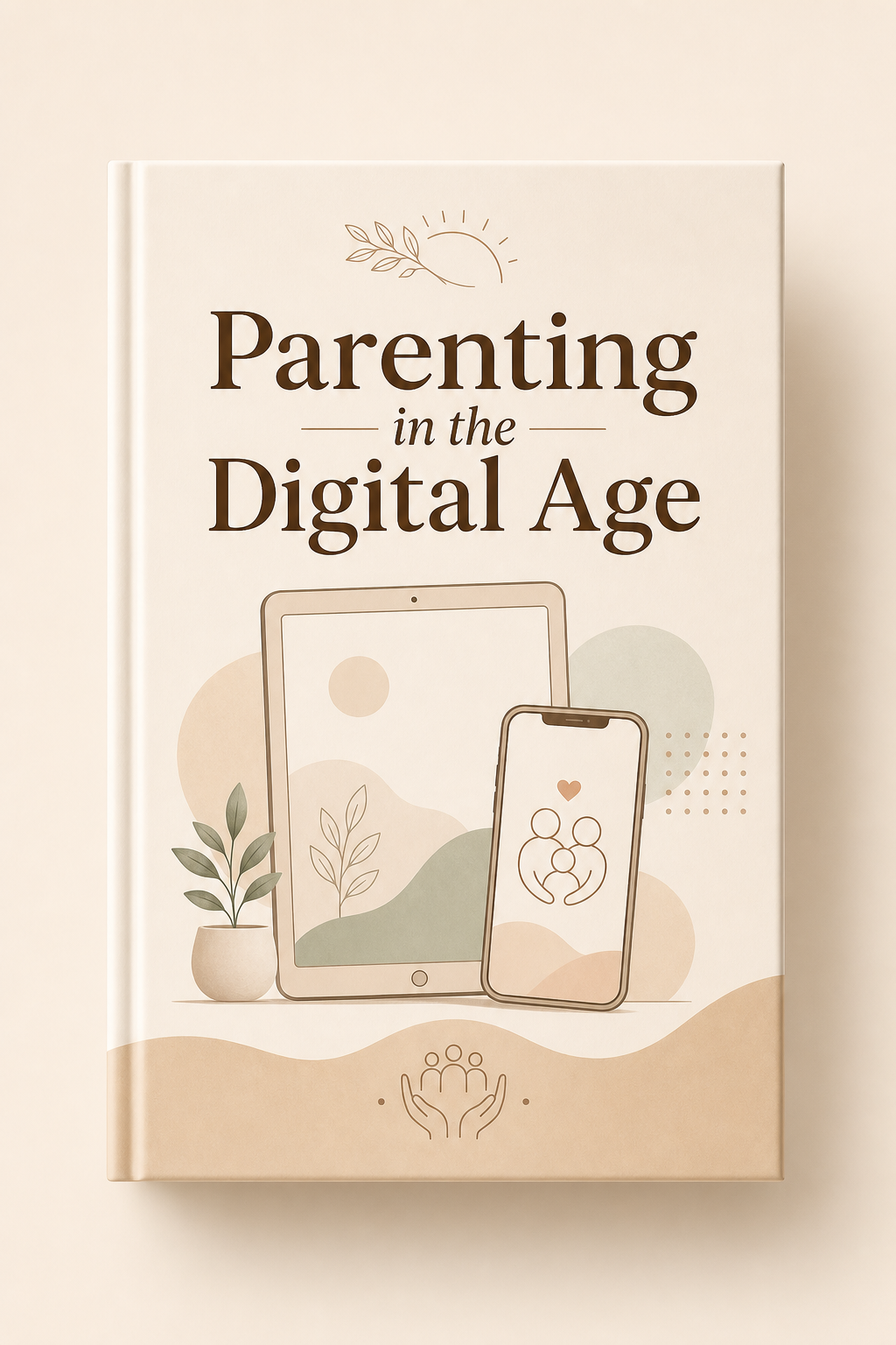 Front cover mockup of the Parenting in the Digital Age guide with a warm neutral design, simple line-art tablet and phone icons, and clean typography