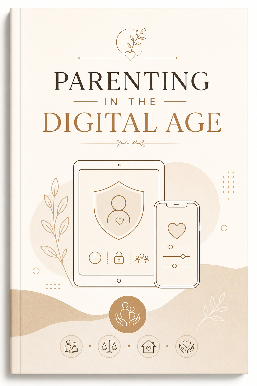 Ebook cover for Parenting in the Digital Age featuring tablet and phone line-art icons, warm cream tones, and polished editorial layout