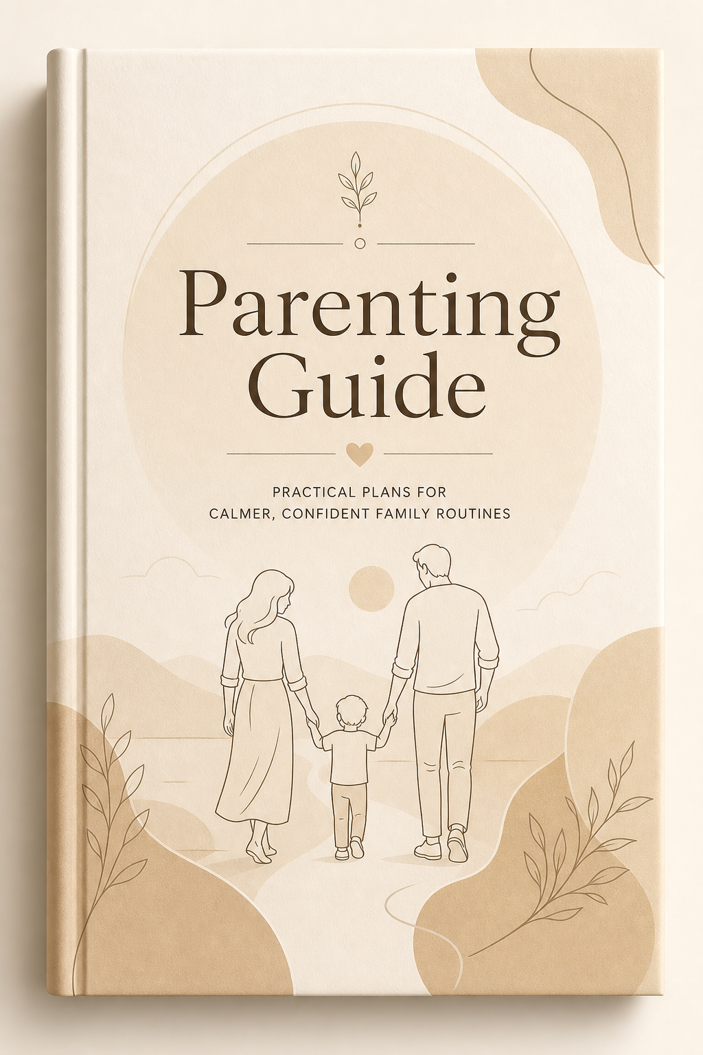 Warm minimalist parenting guide book cover with calm line-art family illustration and soft neutral tones