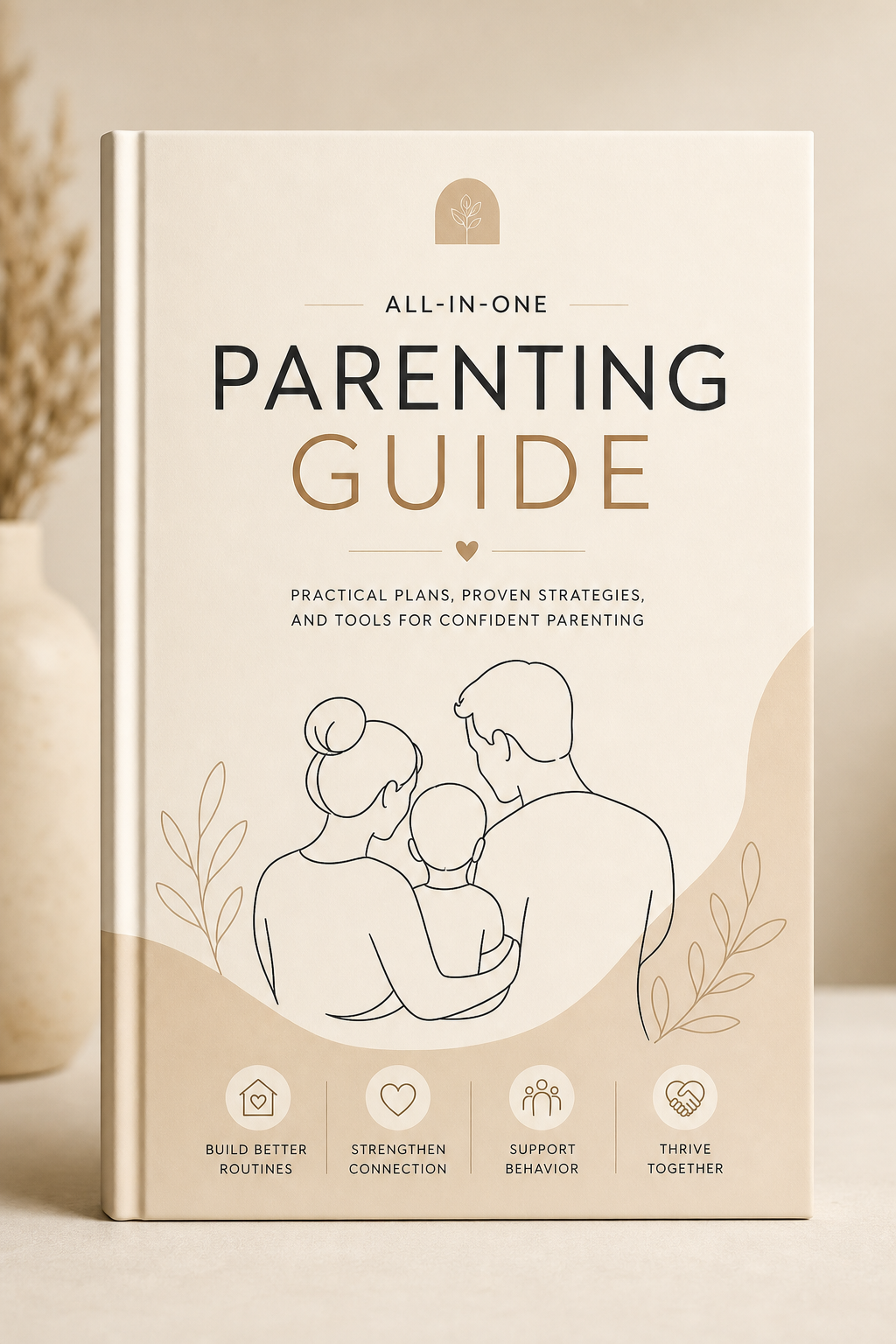 Front cover of the All-in-One Parenting Guide in warm beige with clean typography and line-art family icon