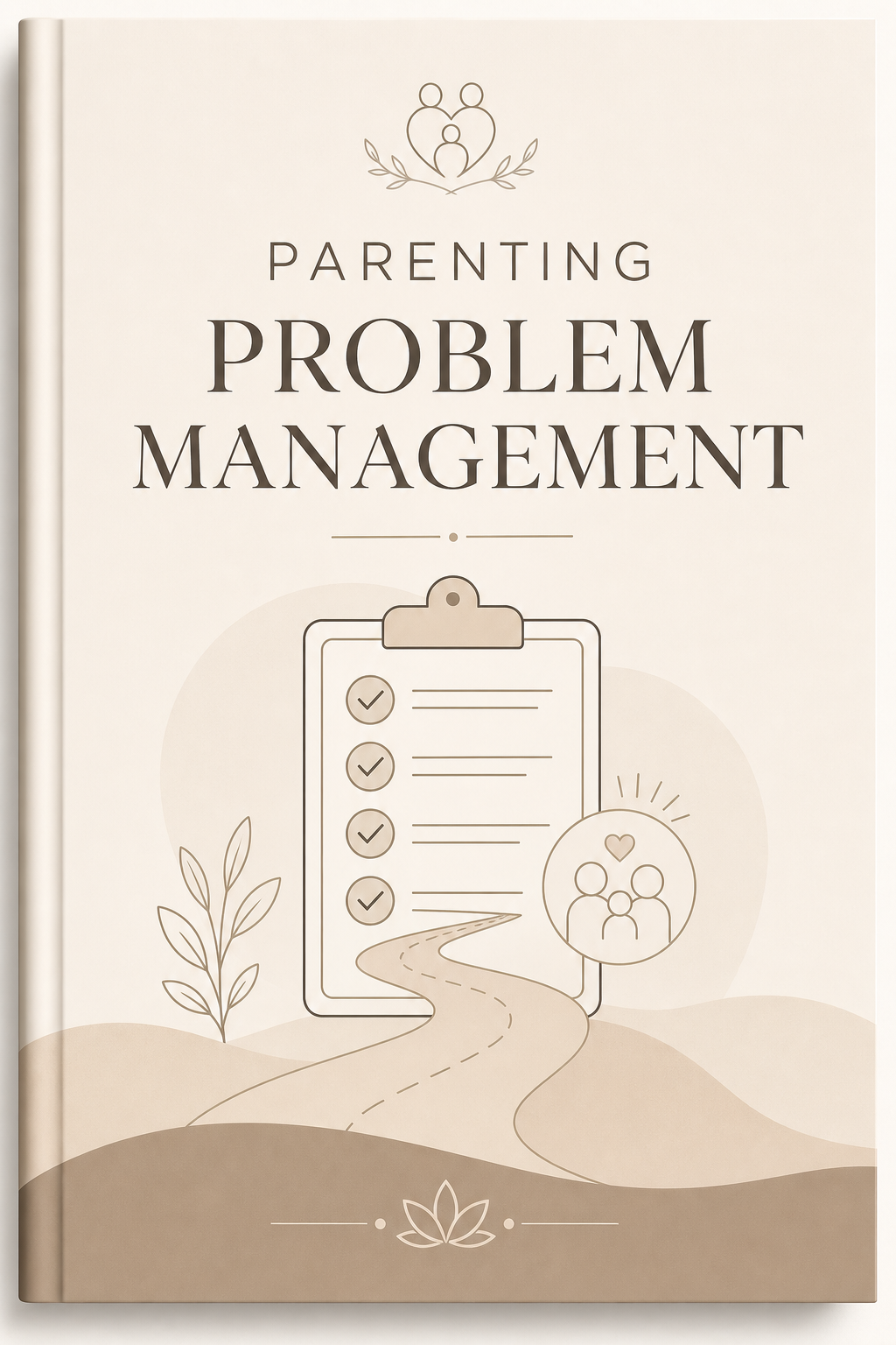 Ebook cover for Parenting Problem Management with organized checklist line-art, warm neutral palette, and calm premium typography