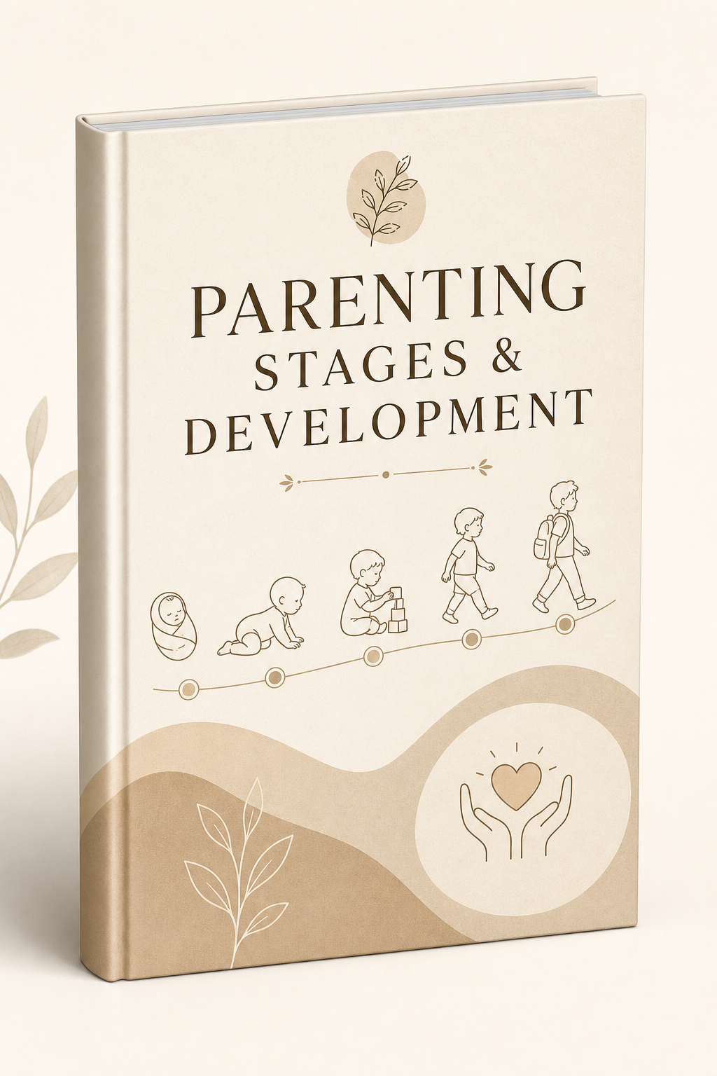 Professional ebook cover for Parenting Stages and Development with age milestone line-art icons, warm off-white tones, and elegant typography