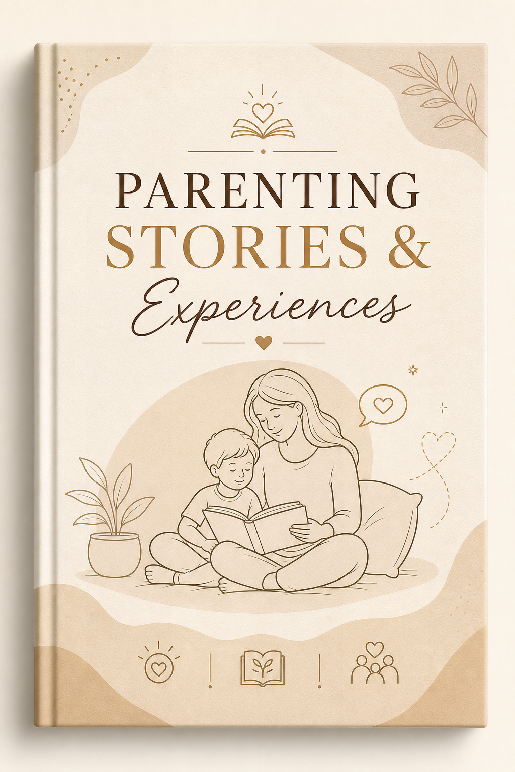 Ebook cover for Parenting Stories and Experiences featuring warm cream paper texture, delicate line-art speech bubbles and family moments, with calm modern editorial typography