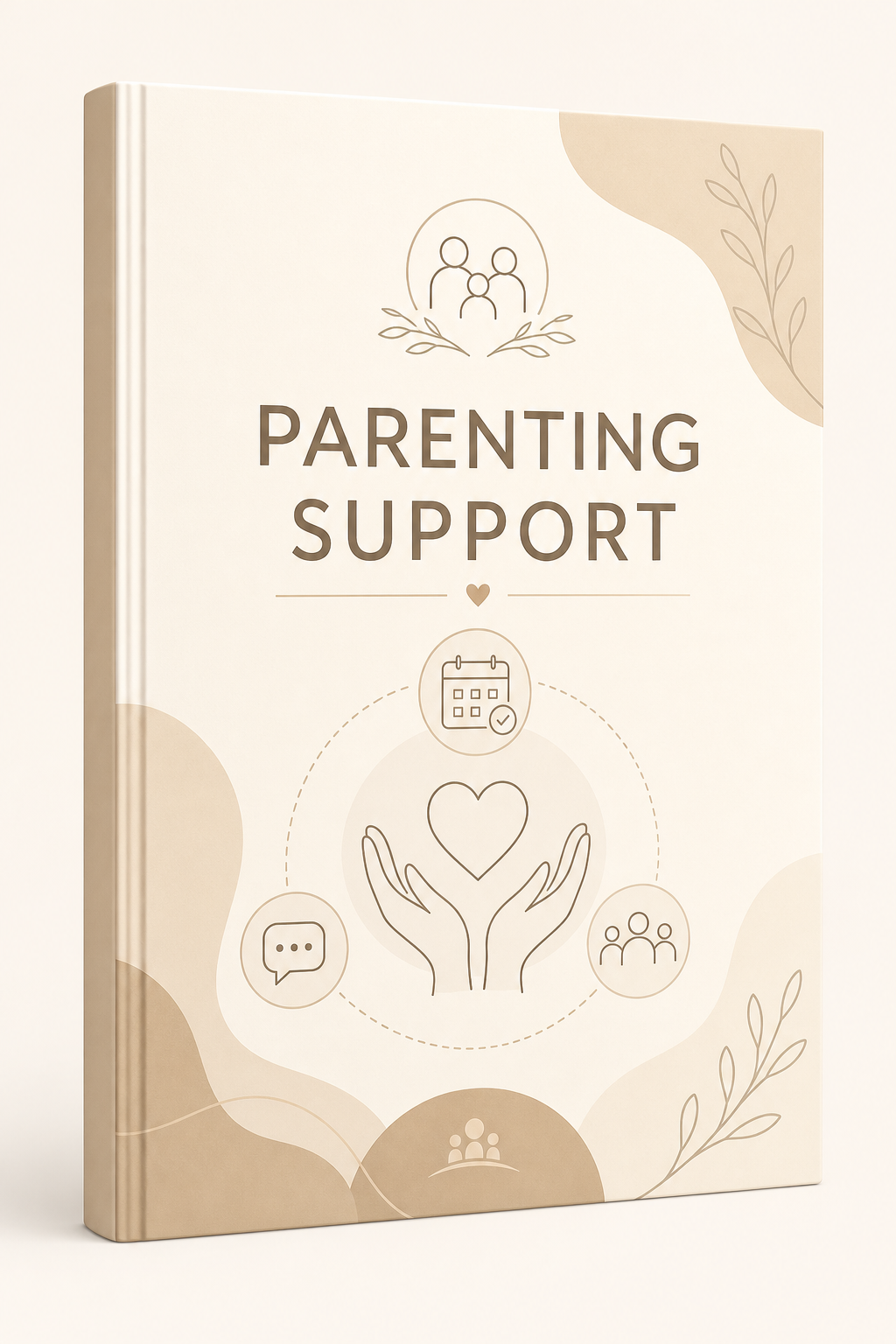 Ebook cover for Parenting Support with warm off-white palette, simple network line-art icons, and polished modern typography