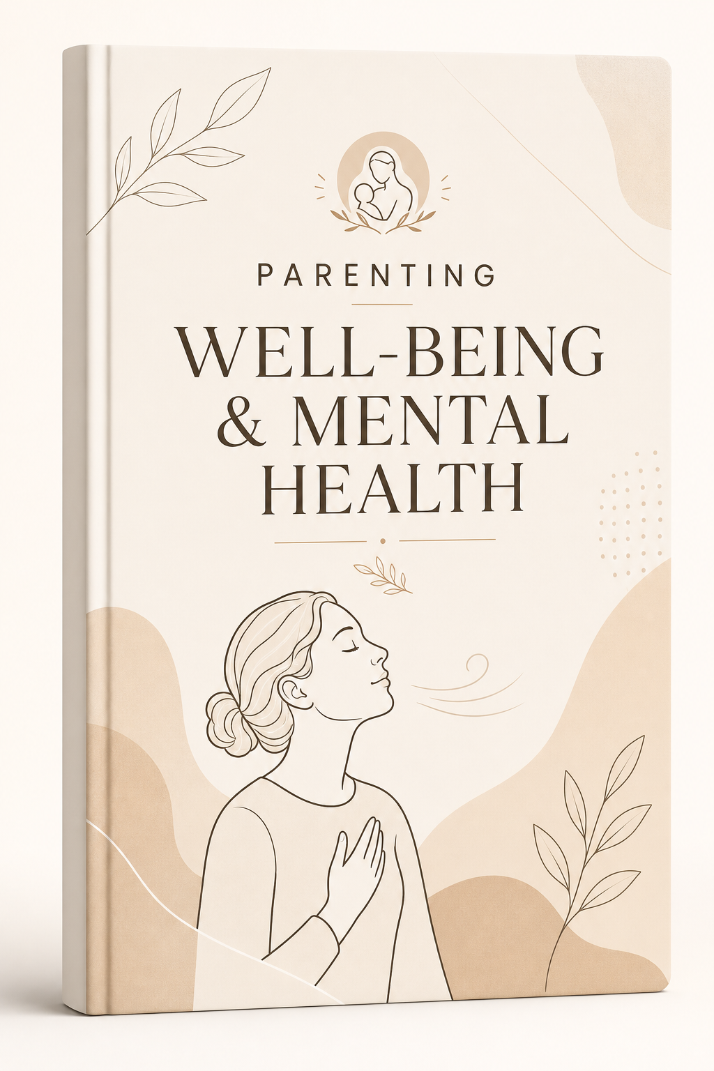 Ebook cover for Parenting Well-being and Mental Health featuring soft neutral tones, minimalist line-art of a parent breathing calmly, and clear editorial title layout