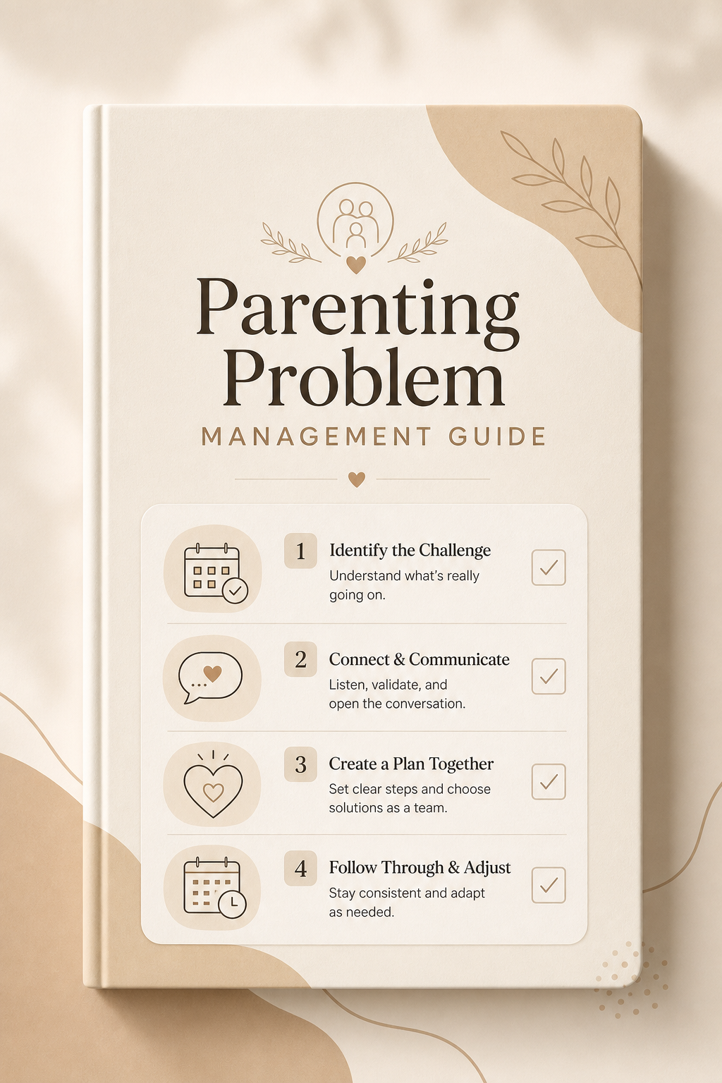 Checklist-themed digital guide cover for parenting problem management with warm neutral tones and clean line-art icons