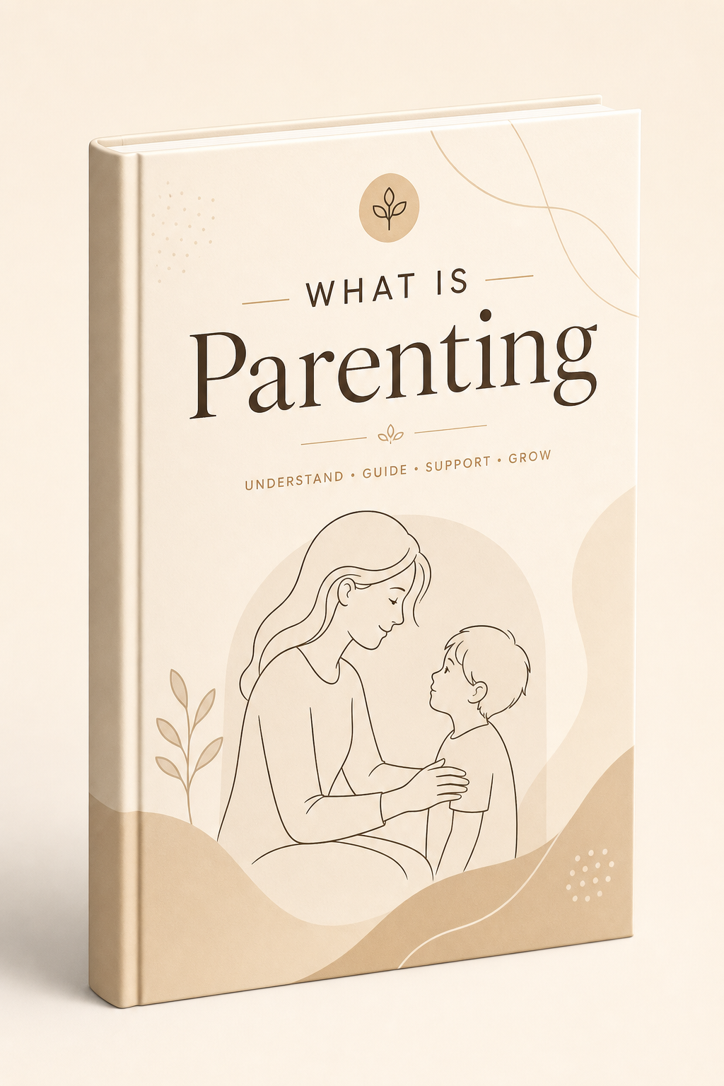Foundational ebook cover for What Is Parenting with warm cream background, minimal line-art of a parent guiding a child, and clean modern editorial typography