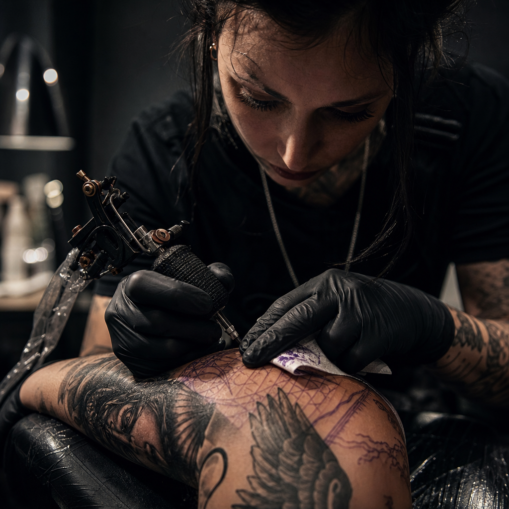 Authentic tattoo studio close-up of artist hands working with machine and stencil under focused task lighting