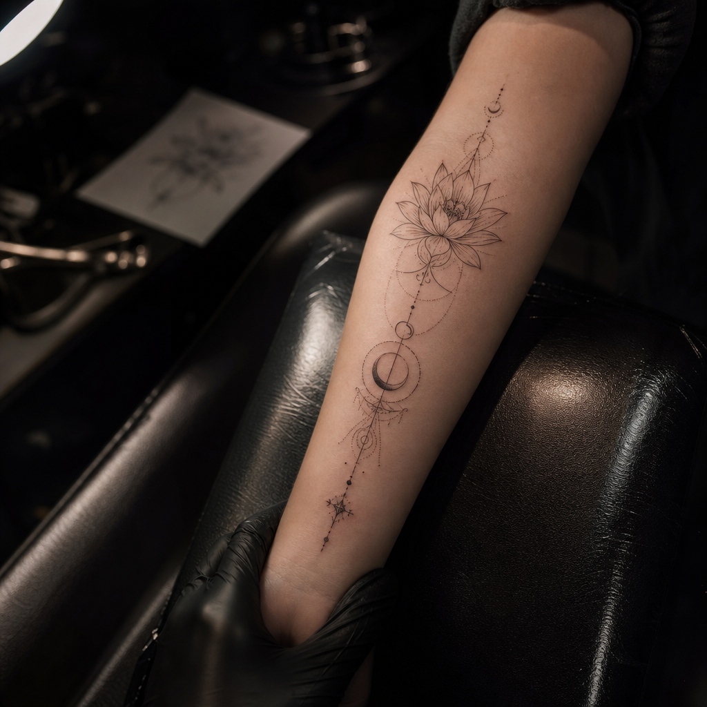 Fine-line tattoo composition with crisp delicate linework in studio lighting