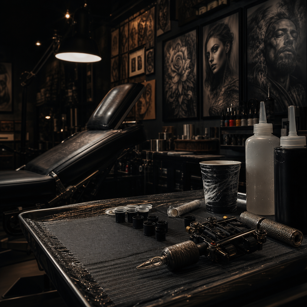 Realistic tattoo studio scene with artist tools, moody low-key lighting, and premium documentary atmosphere