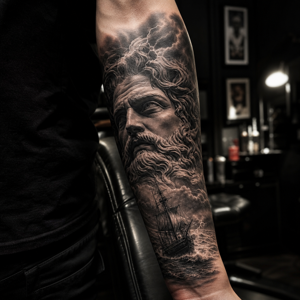 Dramatic black-and-grey realism tattoo photographed in a dark studio